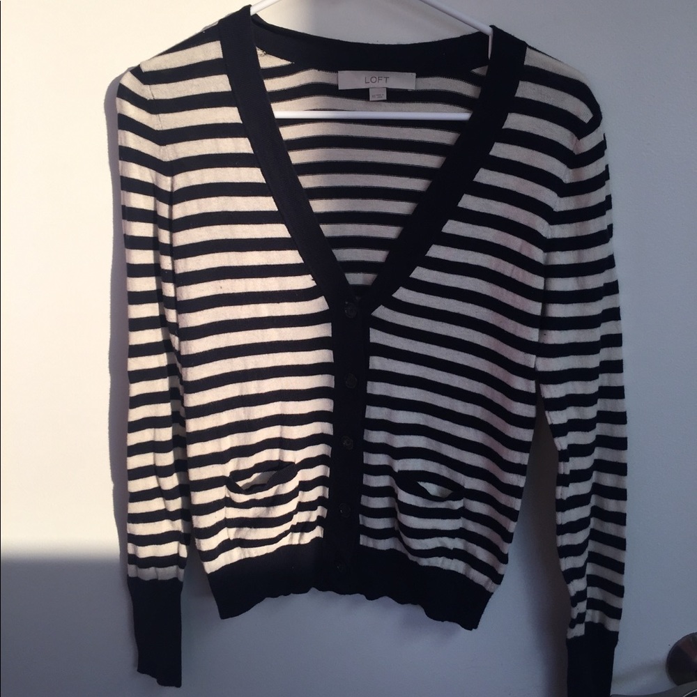 LOFT Striped (tan and navy) cardigan